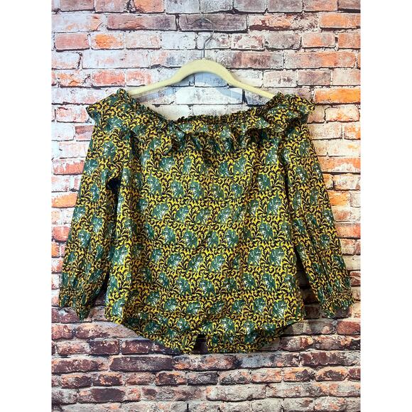 J. Crew green Ratti Elephant Animal Print Ruffle Off-Shoulder Top womens size 10 - Picture 2 of 6